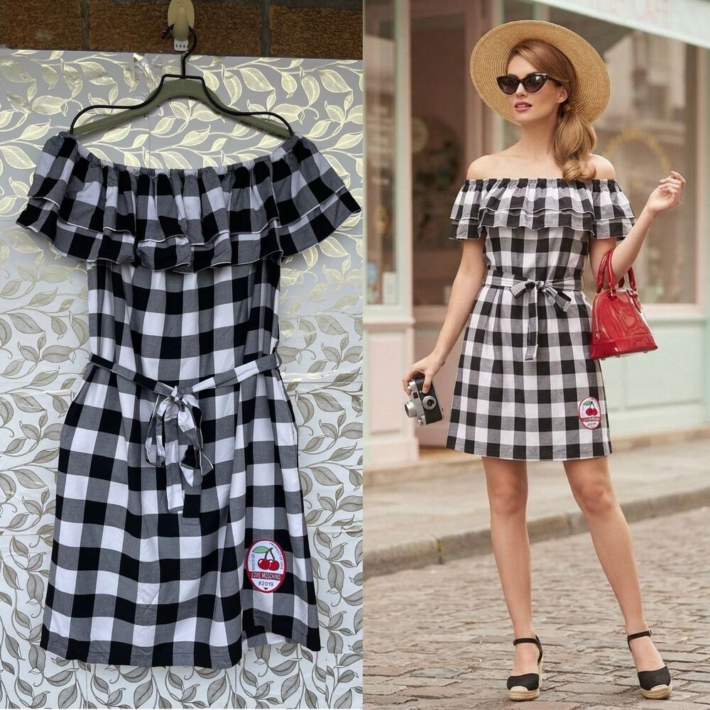 Love Moschino Gingham Off-Shoulder Dress Size 8 100% Viscose Whimsigoth